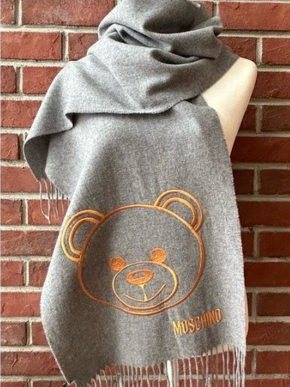 Moschino Kids Gray Scarf with Orange Teddy Bear Embroidery